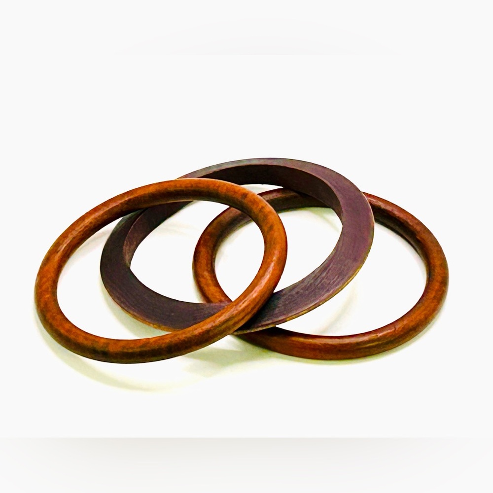 Vintage Tribal Handmade Wooden Bangle Set of 3 Teak & Mahogany Stacking